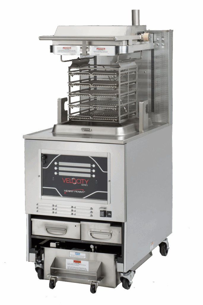 Henny Penny Velocity Series PXE-100 pressure fryer with an open lid, showing the automatic filtration system for commercial kitchens.